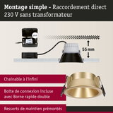 Spot encastrable en métal doré avec profondeur de 55 mm et raccordement direct 230 V sans transformateur