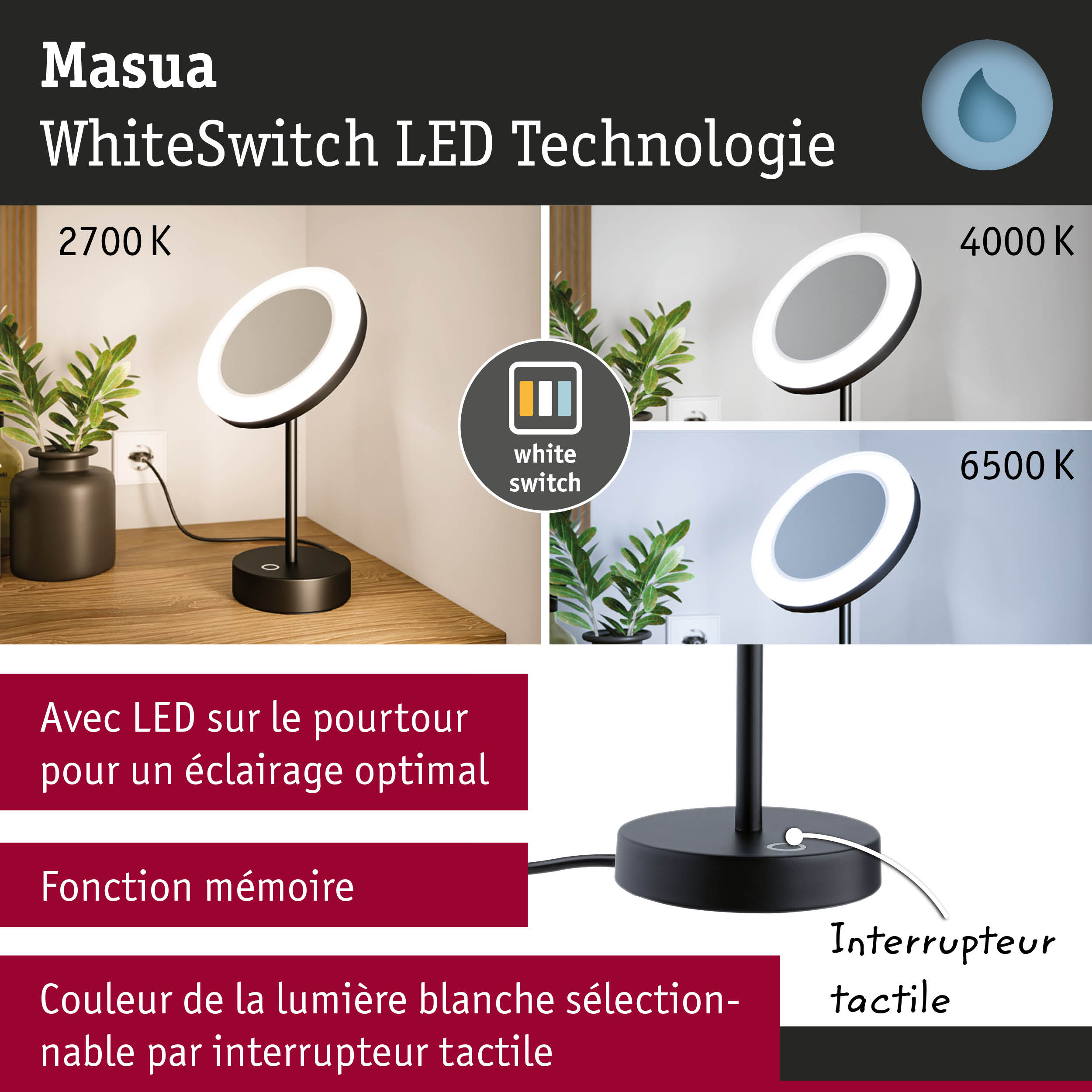 Lampe de bureau LED Masua noire avec technologie WhiteSwitch affichant 2700K, 4000K et 6500K pour éclairage blanc