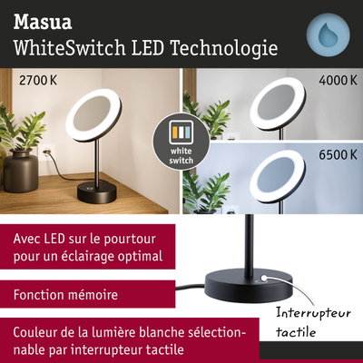 Lampe de bureau LED Masua noire avec technologie WhiteSwitch affichant 2700K, 4000K et 6500K pour éclairage blanc