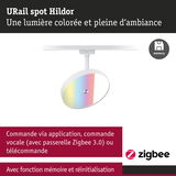 Spot URail Hildor blanc avec lumière colorée, commande via application et Zigbee 3.0 pour éclairage intelligent
