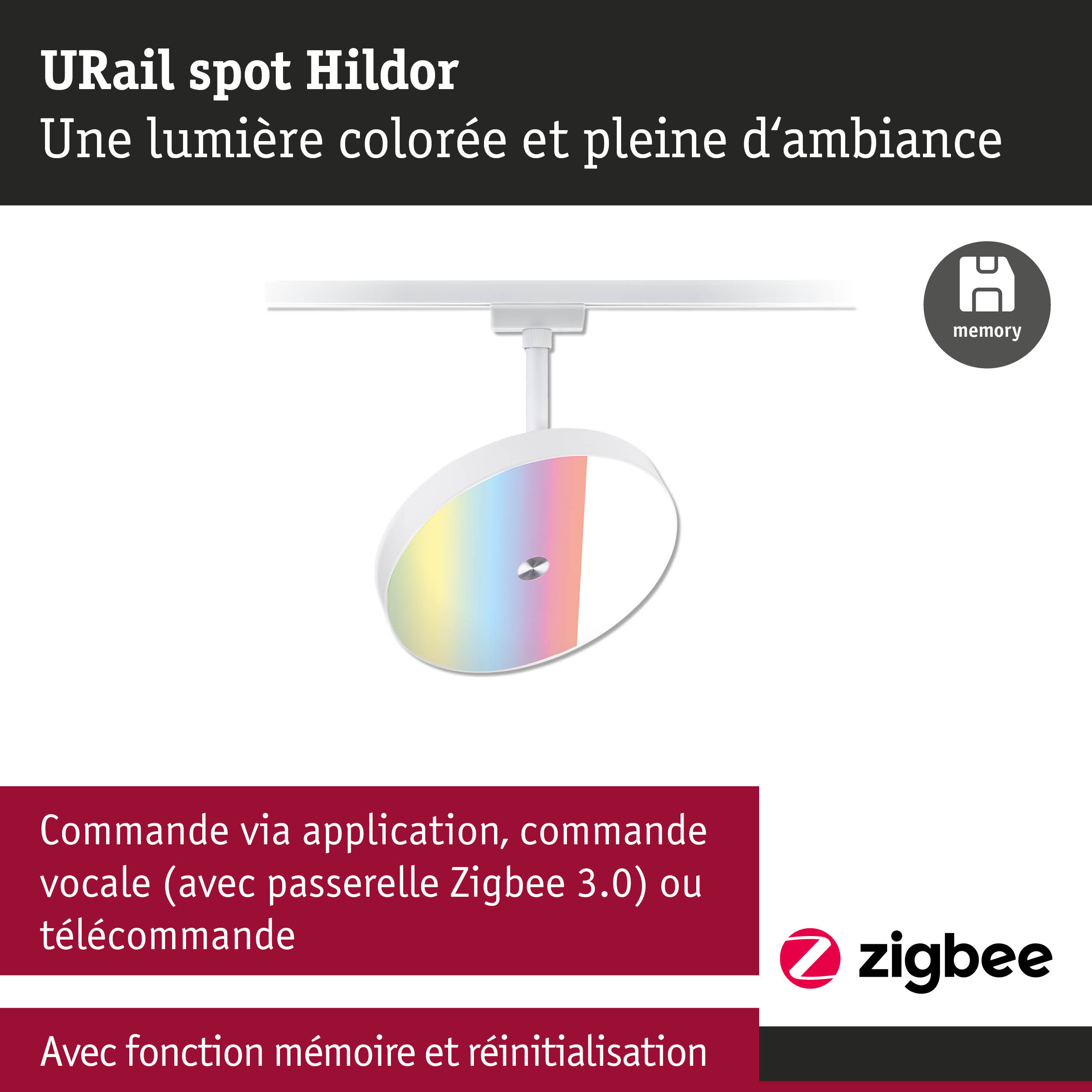 URail spot Hildor rail blanche avec éclairage LED coloré et commande Zigbee