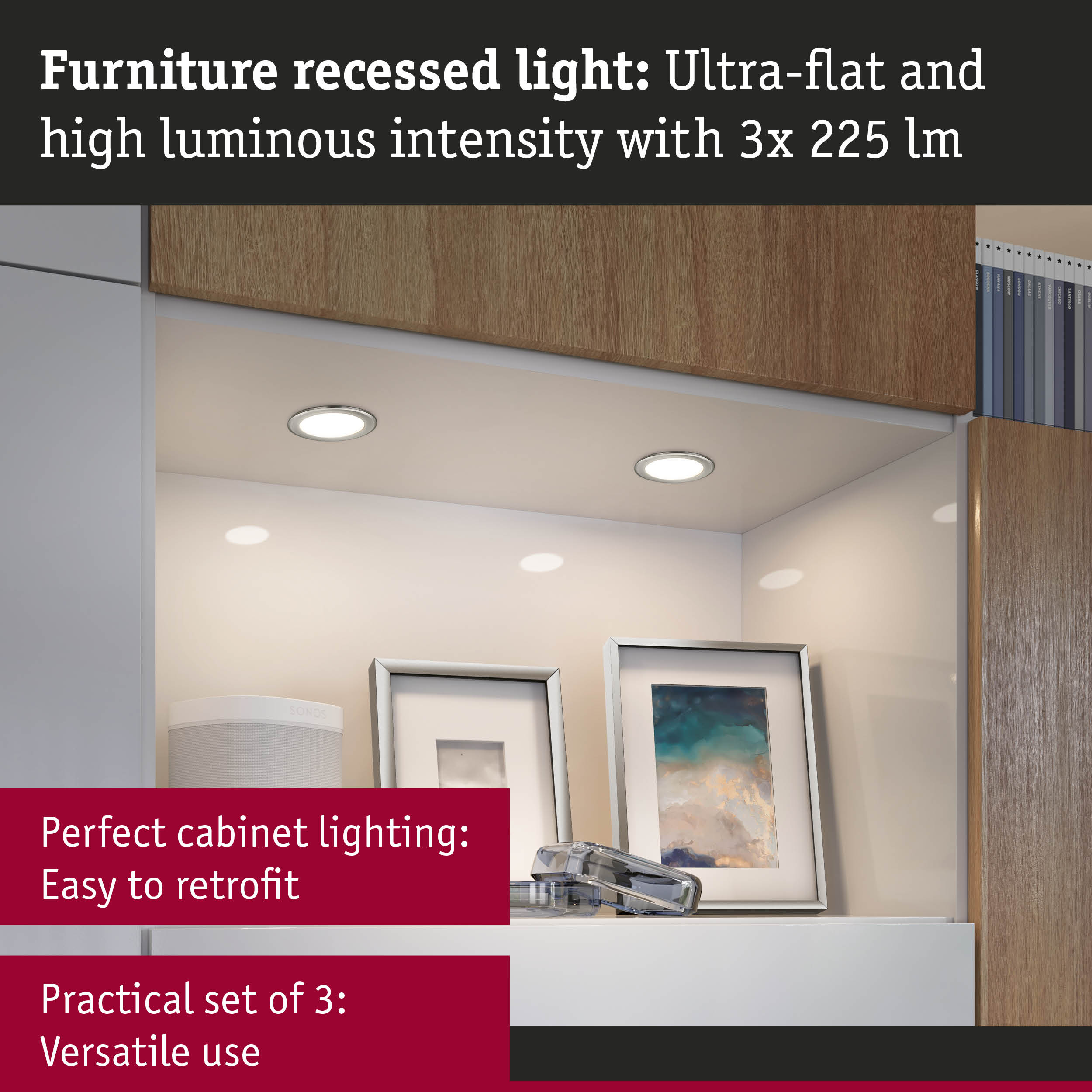 Ultra-flat white furniture recessed light with 3x 225 lumens for versatile cabinet lighting