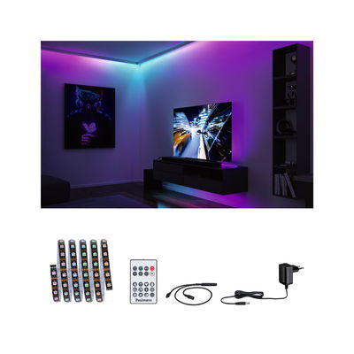 Bande LED avec télécommande et adaptateur secteur noir pour éclairage d’ambiance avec changement de couleur.