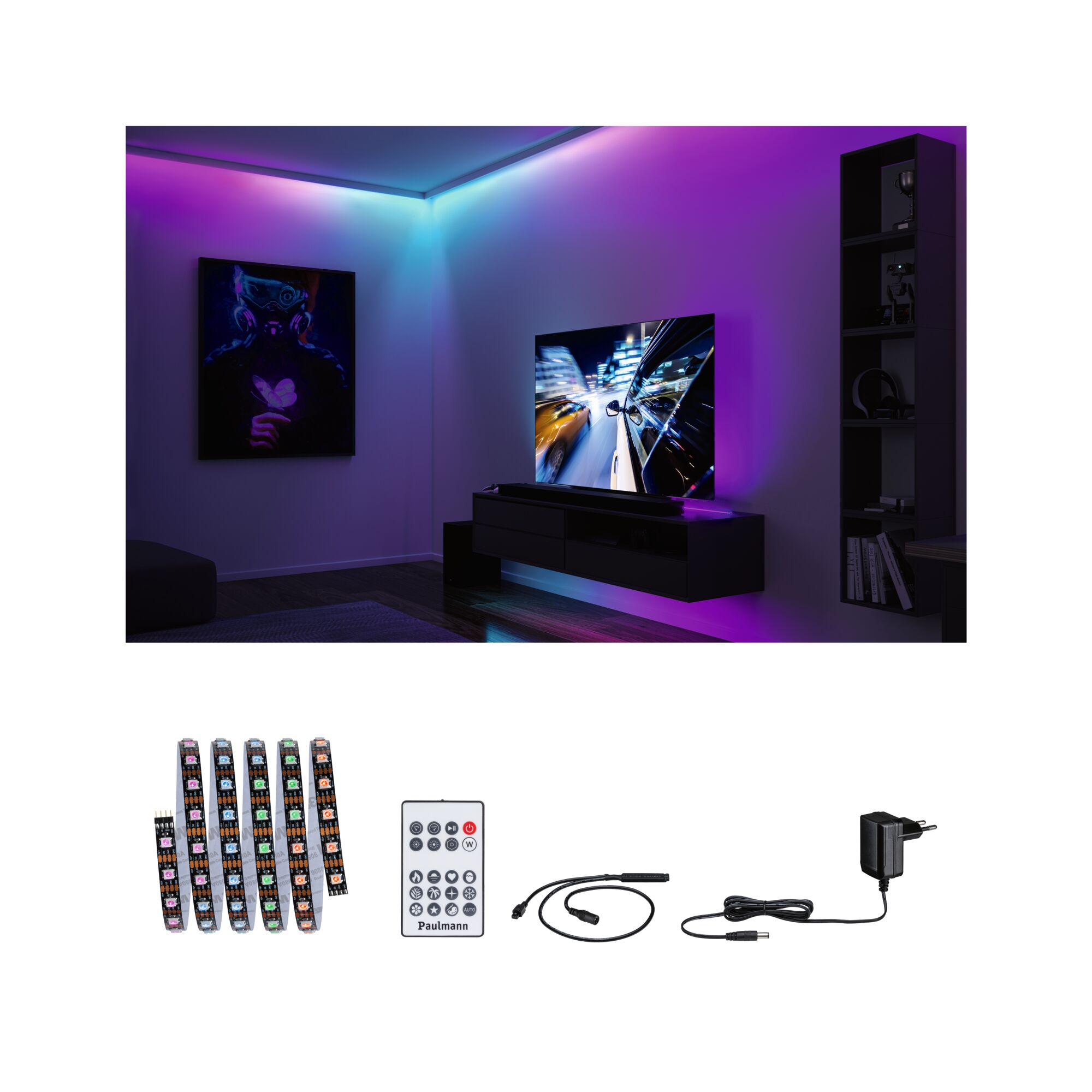 EntertainLED LED Strip Dynamic RGB Volledige set 1,5m 3W 60 LEDs/m RGB+ 5VA LED-lichtstrip met afstandsbediening en zwarte adapter voor sfeerverlichting met kleurwissel.