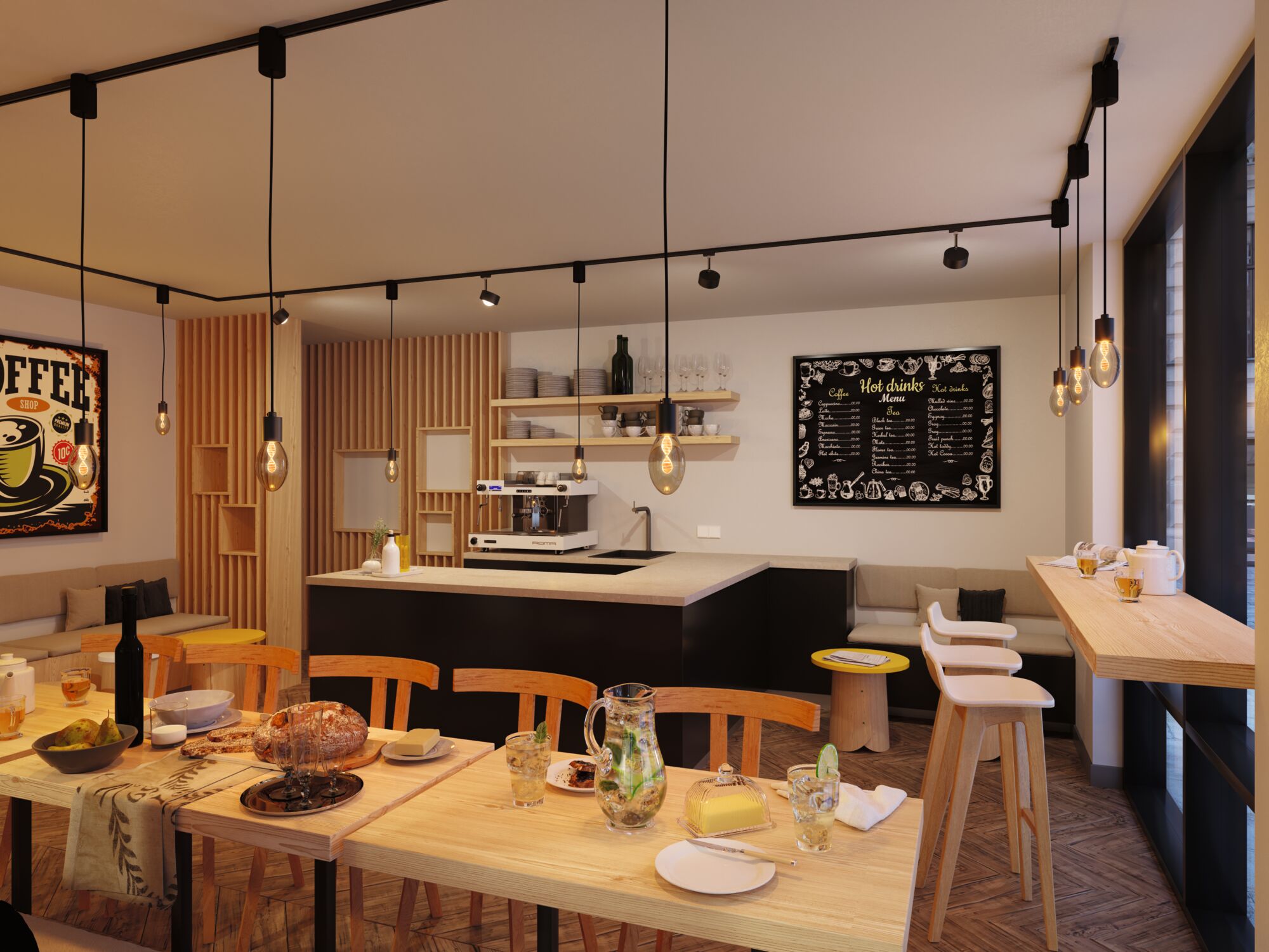 Modernes Café mit Holzstühlen, Pendelleuchten und schwarzer Theke in gemütlicher Atmosphäre.