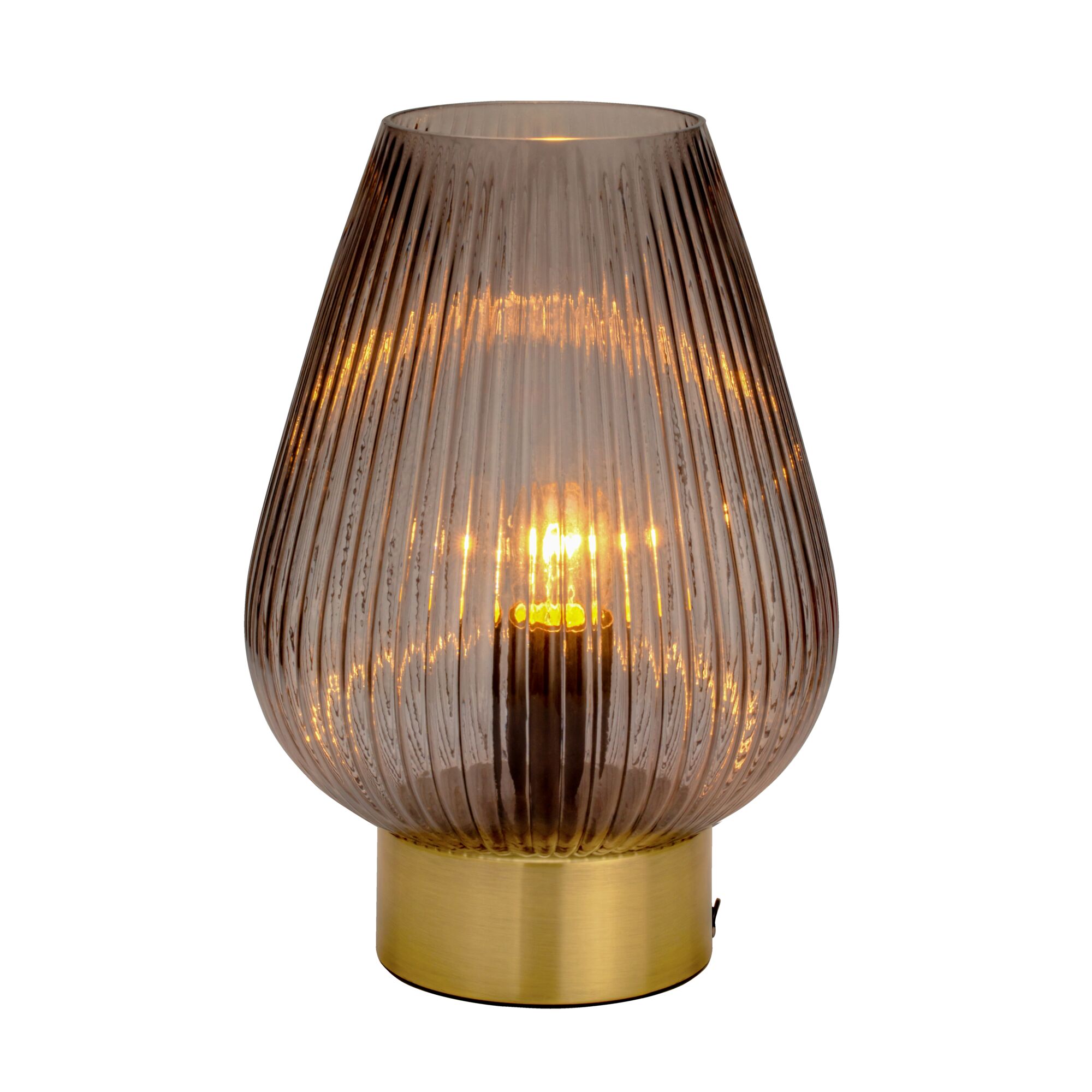 Table lamp with ribbed brown glass and gold metal base, warm lighting for living spaces