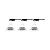 Three white GU10 LED bulbs with black connectors and mounting frames for LED spotlights.