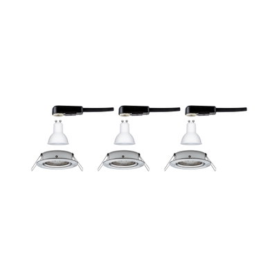 Trois ampoules LED GU10 blanches avec connecteurs noirs et cadres de montage pour spots LED.