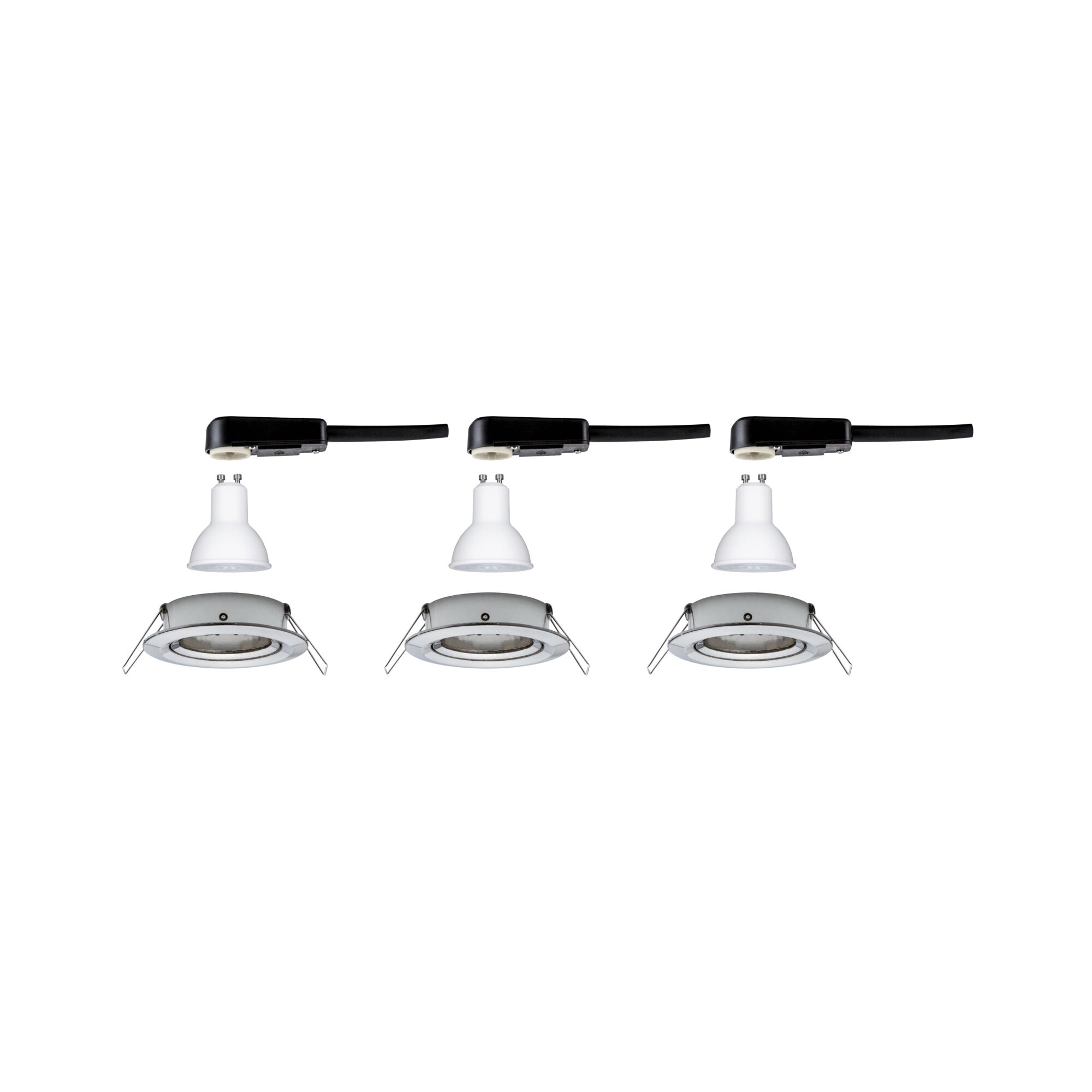 Drei weiße GU10 LED-Leuchtmittel mit schwarzen Steckverbindern und Einbaurahmen für LED-Spots.