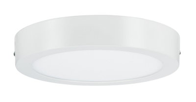 Round white metal LED ceiling light with diffused cover for modern room lighting