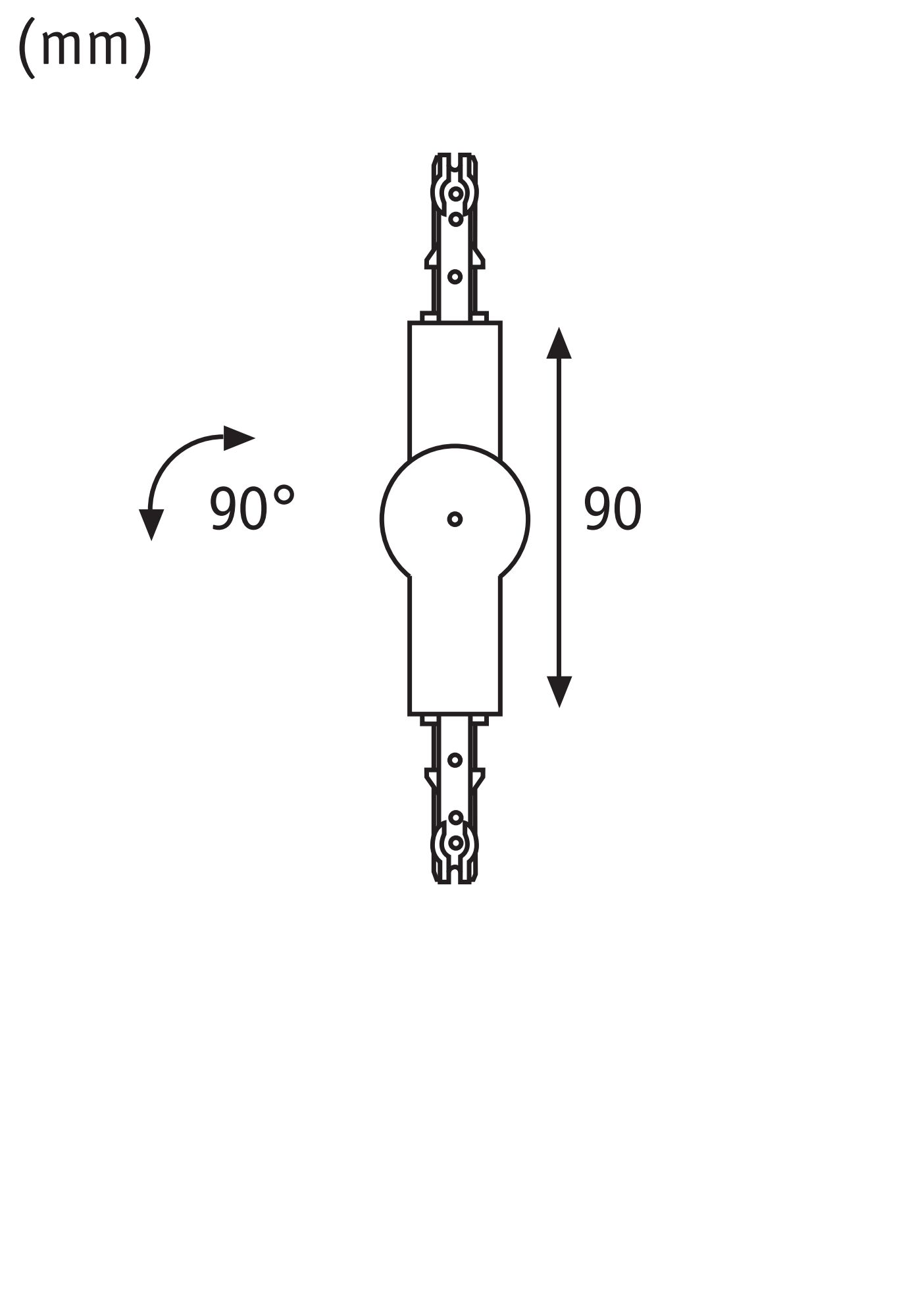 Dessin technique d'un composant de 90 mm de long avec un angle de rotation de 90 degrés en noir et blanc