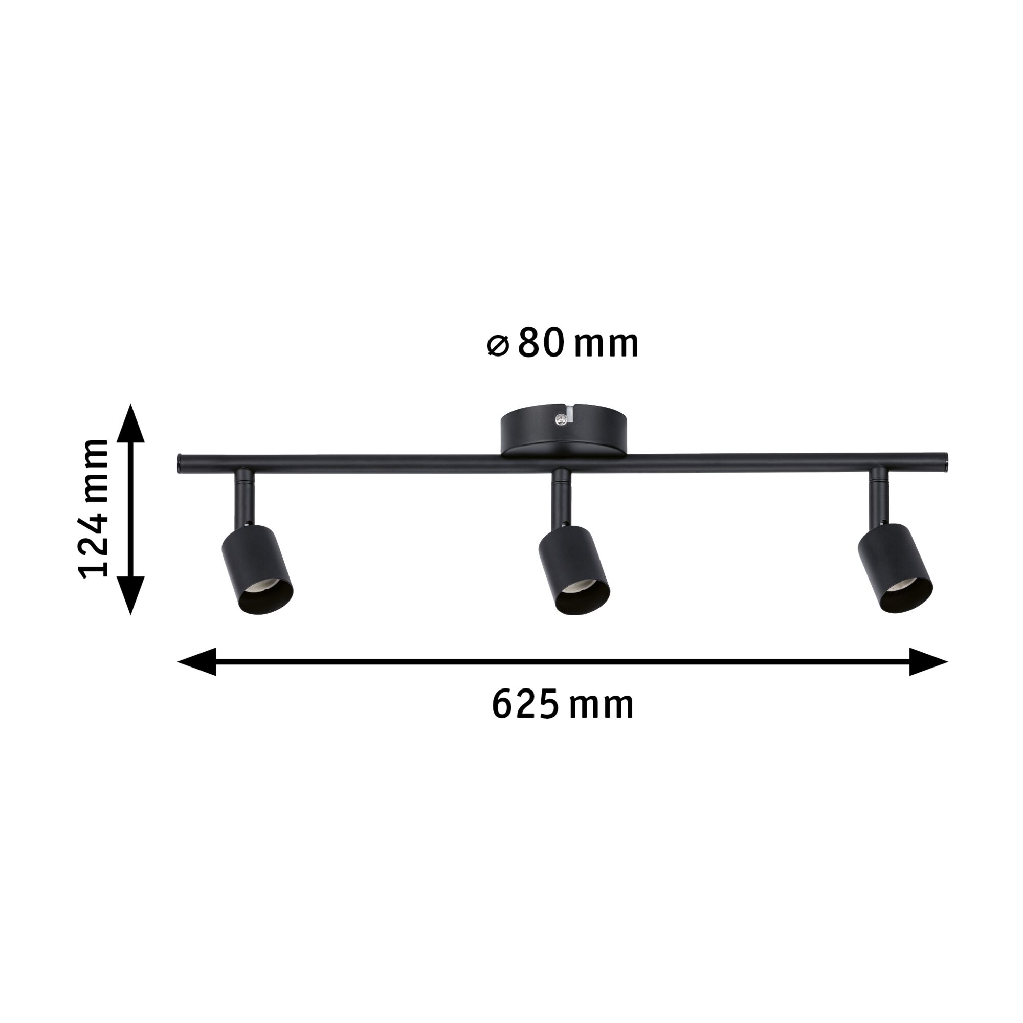 Schwarze dreiflammige LED-Deckenleuchte aus Metall mit verstellbaren Spots und Maßen 625x124 mm