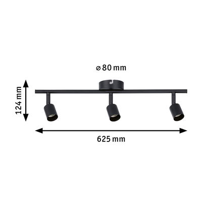 Schwarze dreiflammige LED-Deckenleuchte aus Metall mit verstellbaren Spots und Maßen 625x124 mm