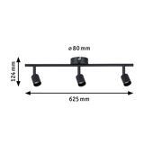 Black metal three-light LED ceiling lamp with adjustable spotlights measuring 625x124 mm