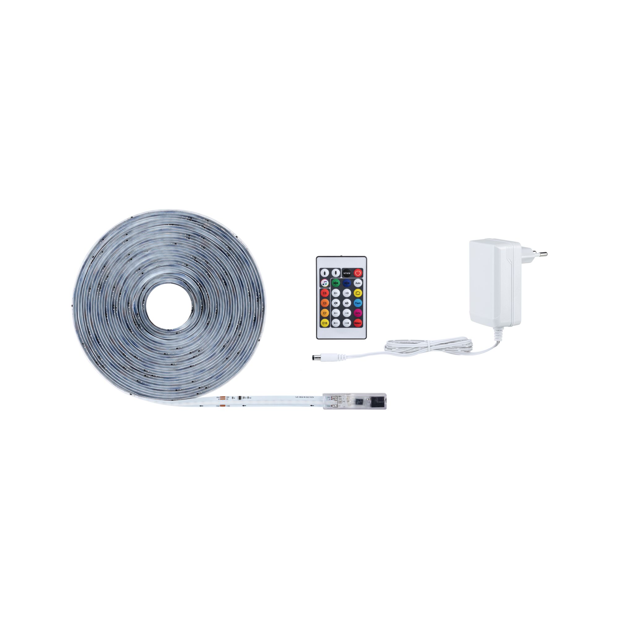 White LED strip light with remote control and power adapter for versatile home lighting and decoration