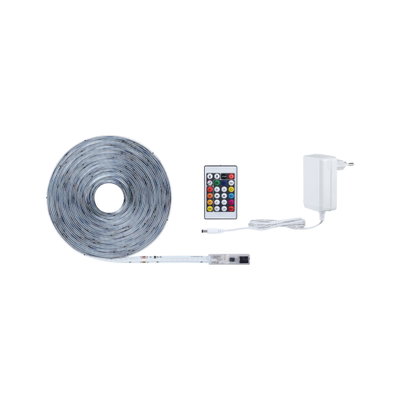 White LED strip light with remote control and power adapter for versatile home lighting and decoration