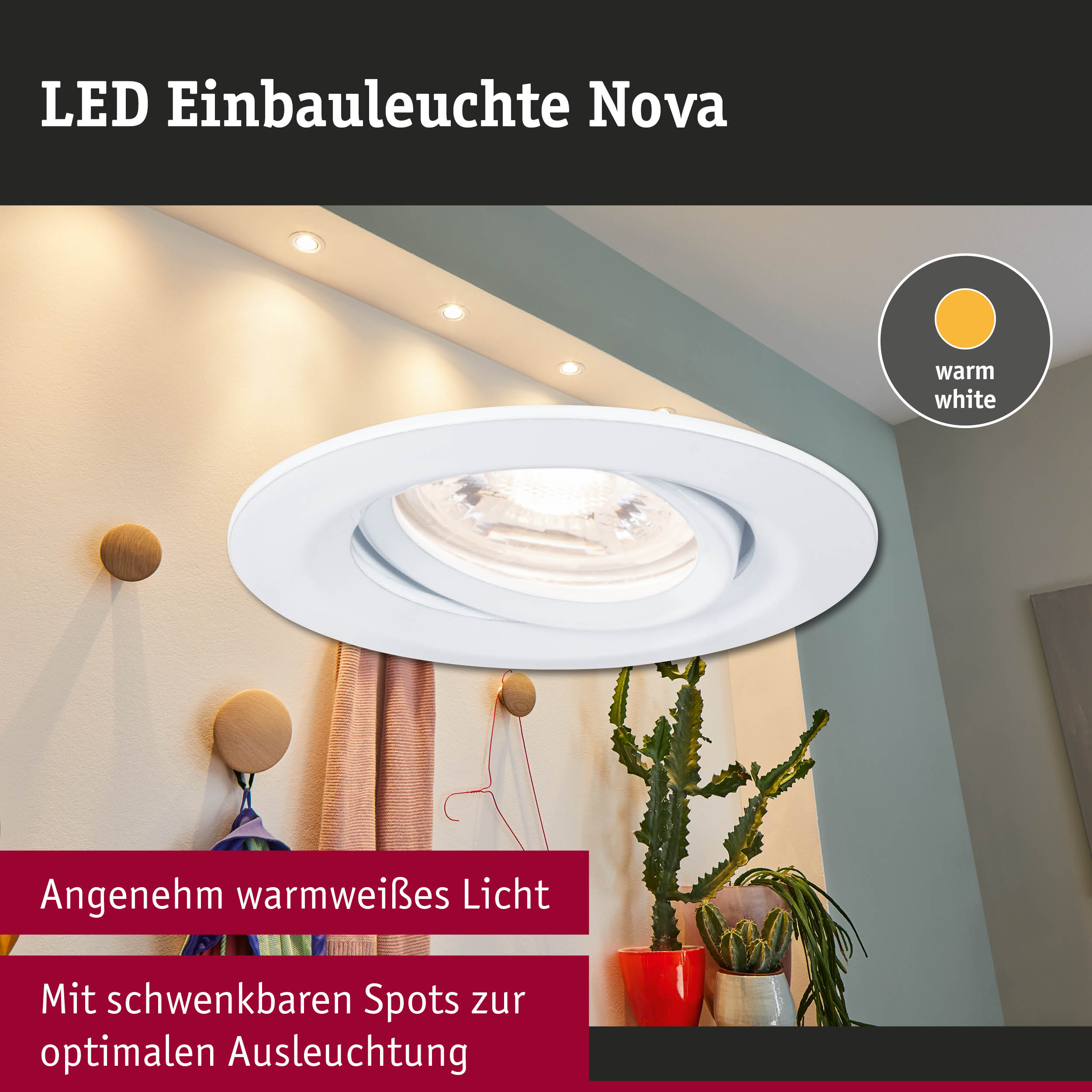 Weiße LED Einbauleuchte Nova mit warmweißem Licht und schwenkbaren Spots für optimale Ausleuchtung