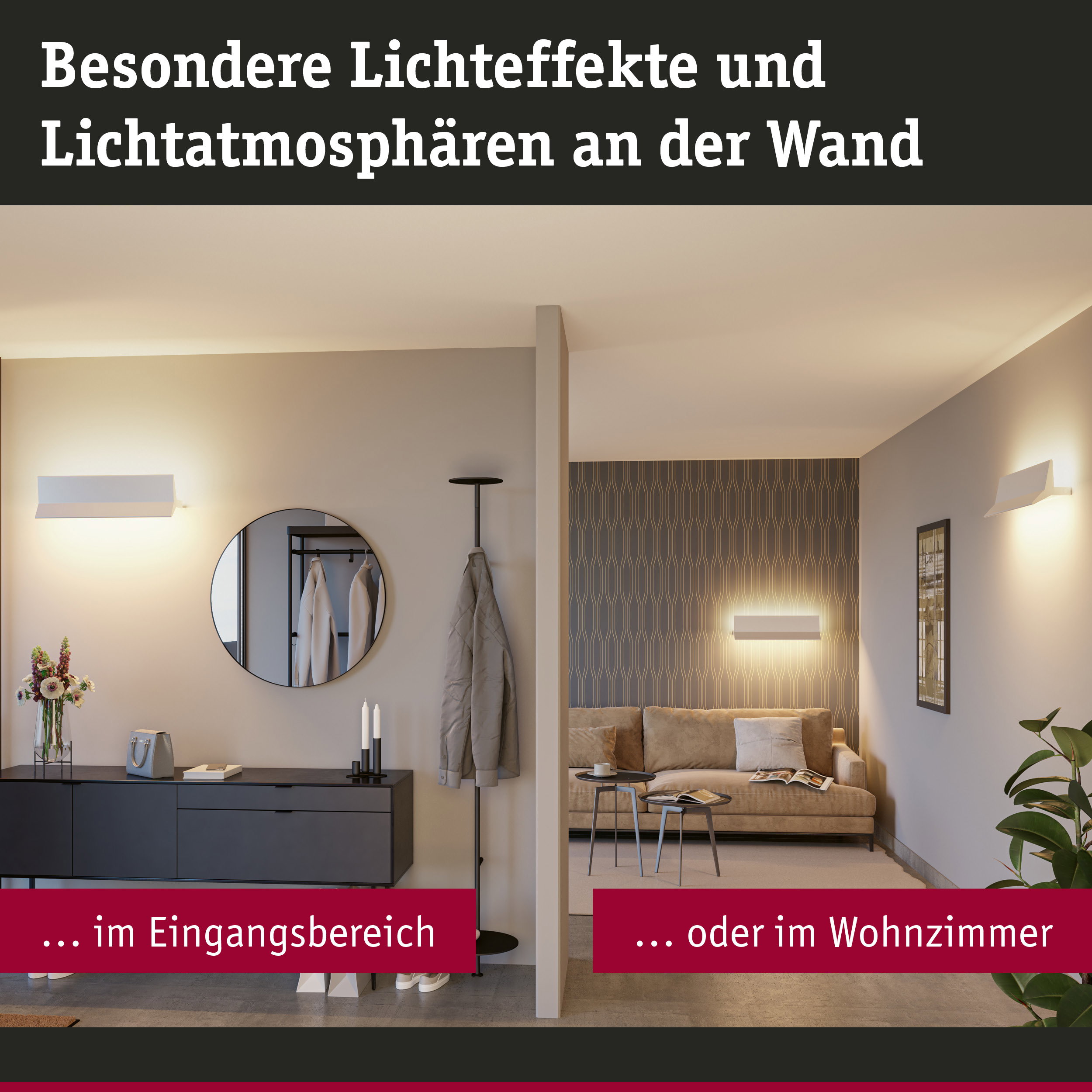 Moderner Wohnbereich mit weißen Wandlampen und warmem Licht für besondere Lichteffekte und Atmosphäre
