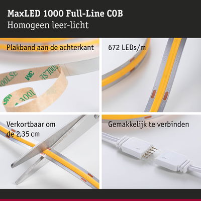 MaxLED 1000 Full-Line COB LED-strip met 672 LEDs/m, zelfklevend, knipbaar en eenvoudig te verbinden