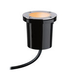 Ronde zwarte LED-inbouwspot met roestvrijstalen rand en warm wit licht voor buitengebruik