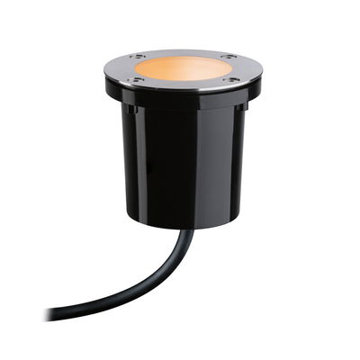 Ronde zwarte LED-inbouwspot met roestvrijstalen rand en warm wit licht voor buitengebruik