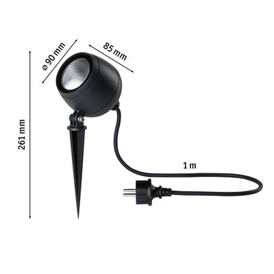 Schwarze LED-Gartenleuchte mit Erdspieß und 1 Meter Kabel, Maße 90 mm Durchmesser, 261 mm Höhe
