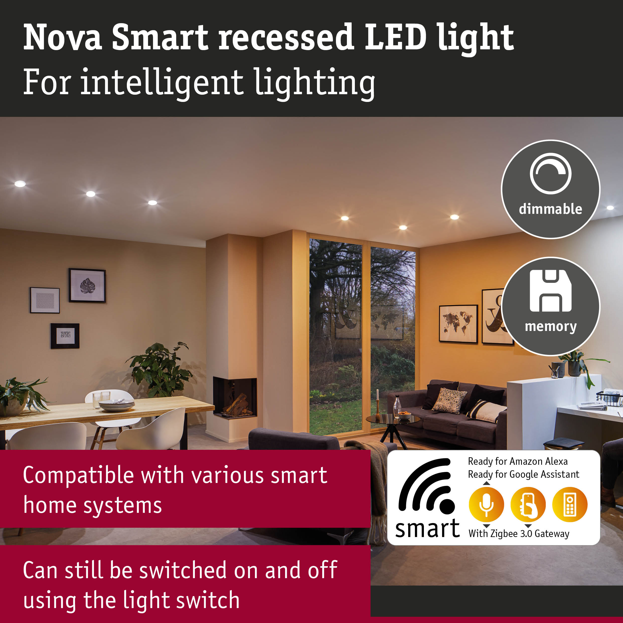 Nova Smart white recessed LED light, dimmable and compatible with smart home systems for intelligent lighting
