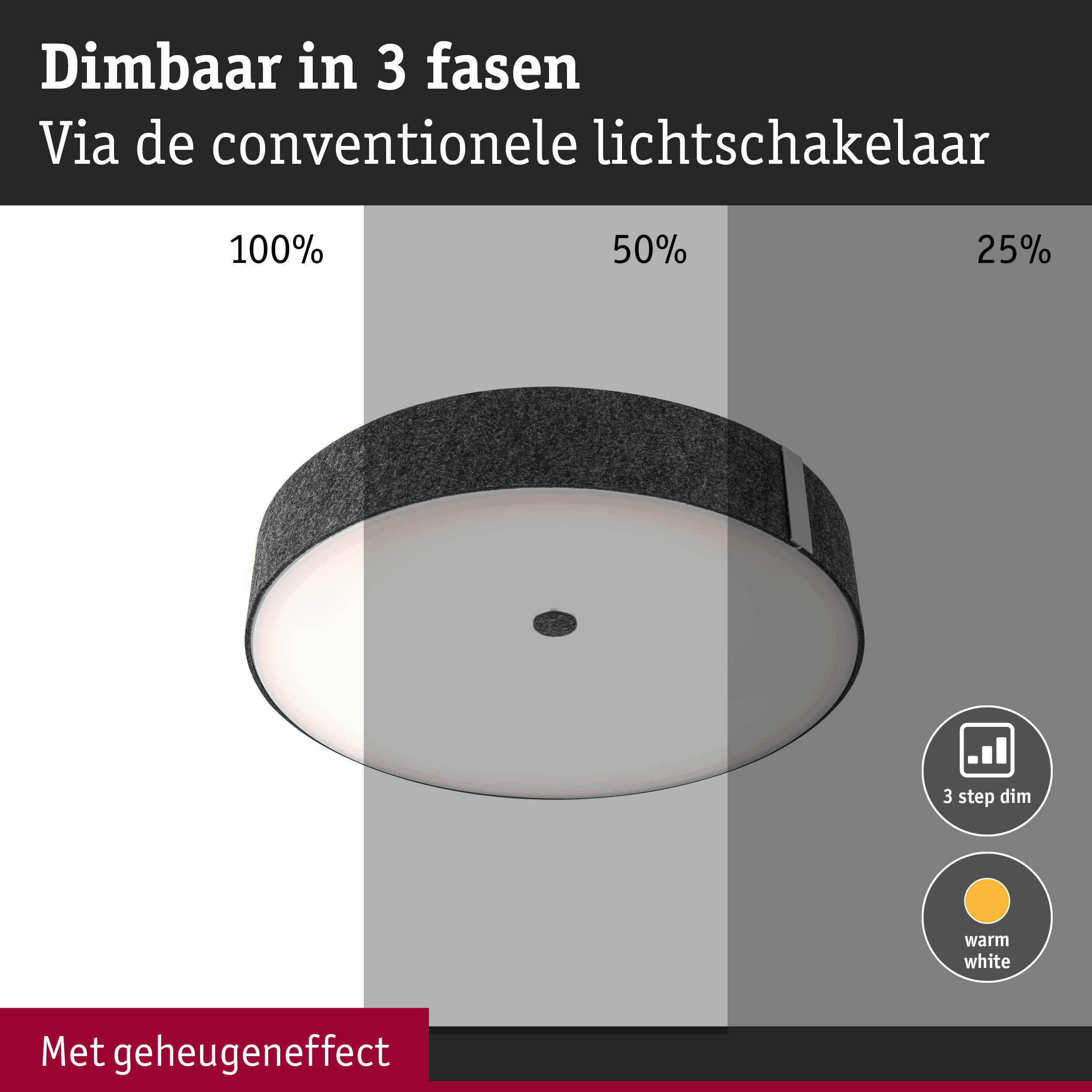 Ronde plafondlamp met zwarte rand en dimbare warmwitte LED in 3 stappen dimmen