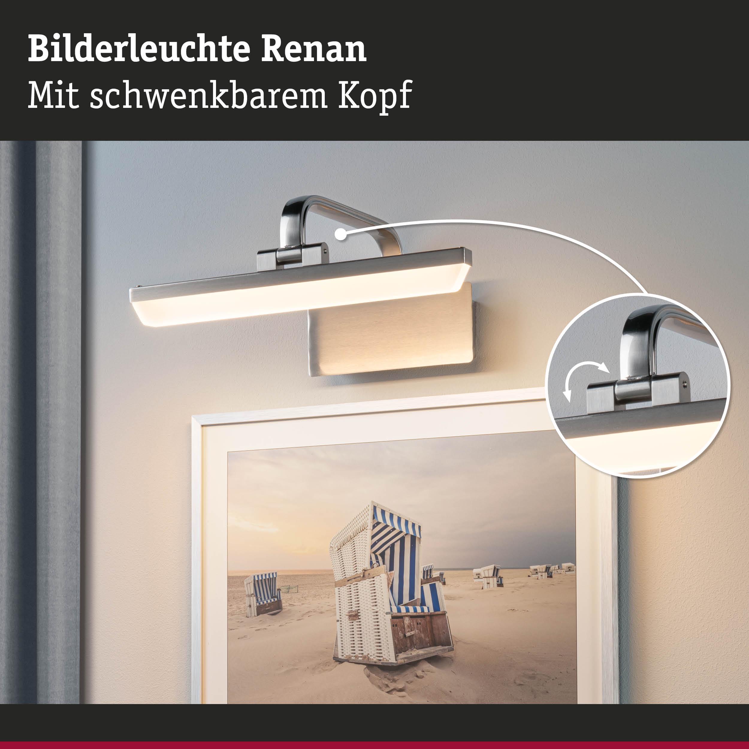 Bilderleuchte Renan aus gebürstetem Metall in Silber mit schwenkbarem Kopf für gezielte Beleuchtung