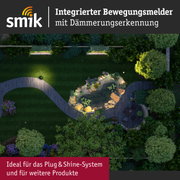 Garten mit beleuchtetem Teich und Weg, beworben mit integriertem Bewegungsmelder und Dämmerungserkennung