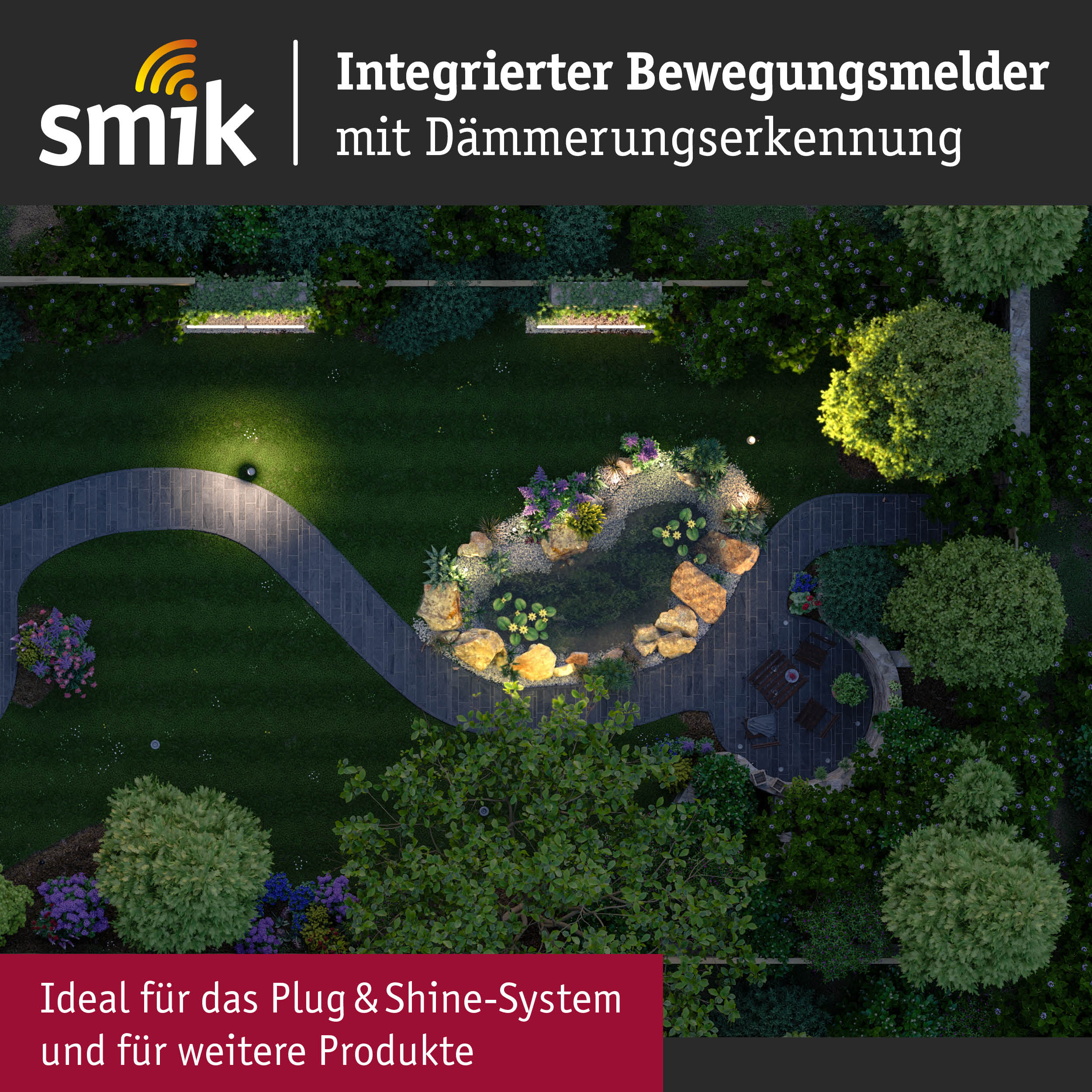 Garten mit beleuchtetem Teich und Weg, beworben mit integriertem Bewegungsmelder und Dämmerungserkennung