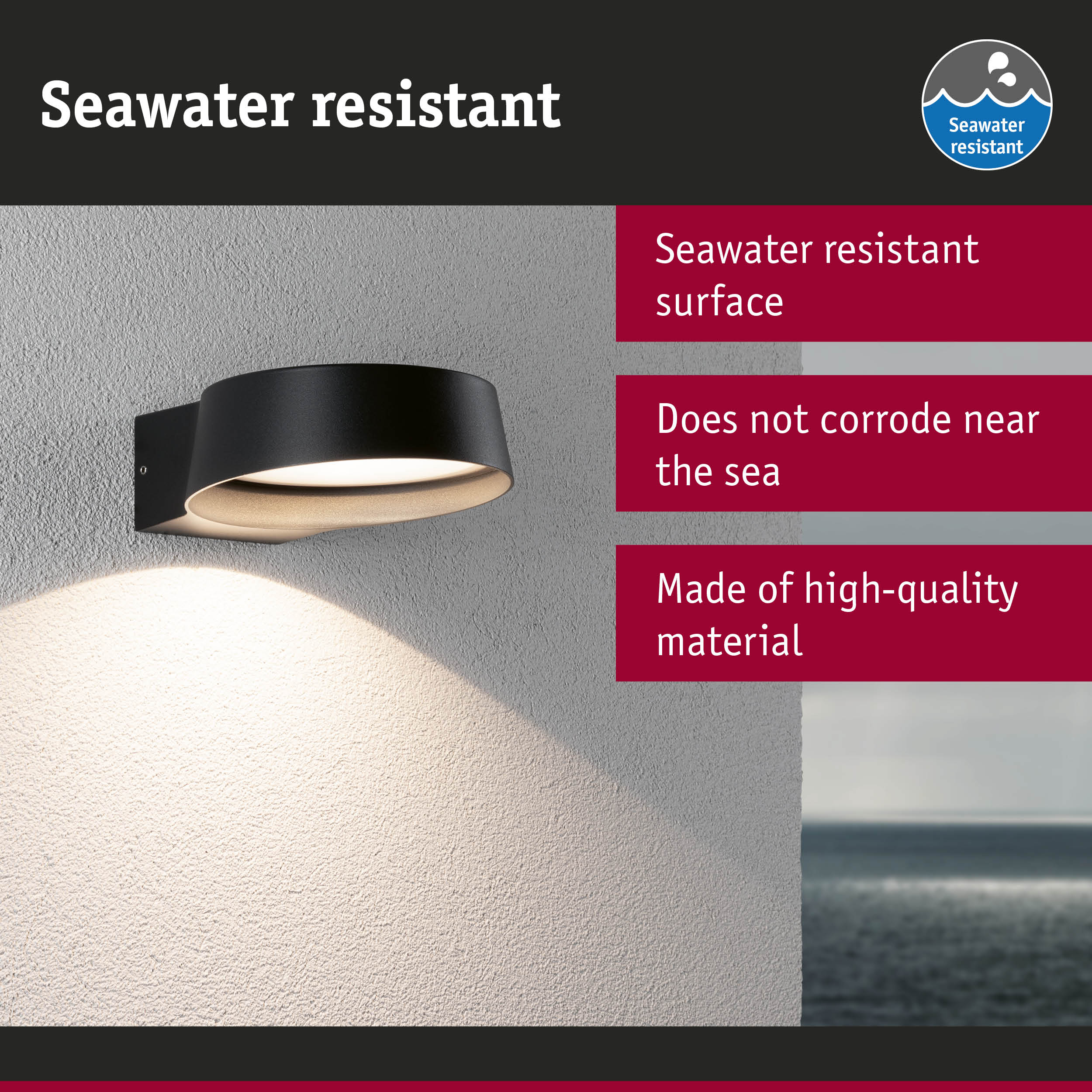 Black wall light with seawater resistant surface, designed for outdoor use near the sea
