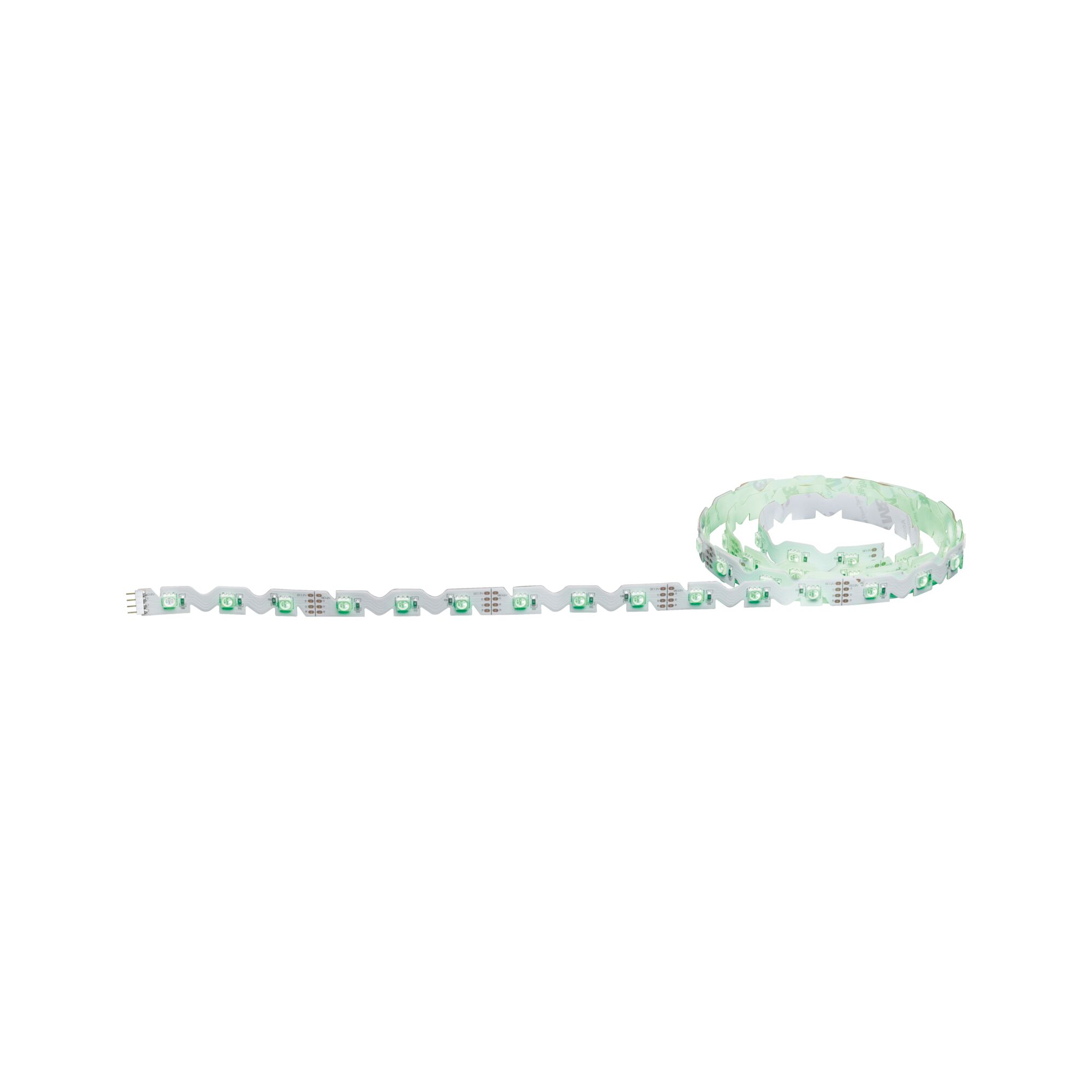 Flexible LED strip with green LEDs on white base for decorative lighting applications