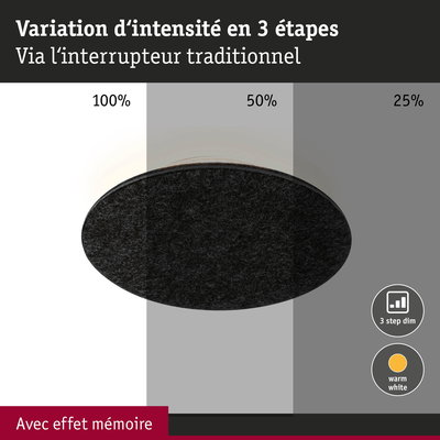 Plafonnier LED rond noir avec variation d'intensité en 3 étapes et lumière blanc chaud