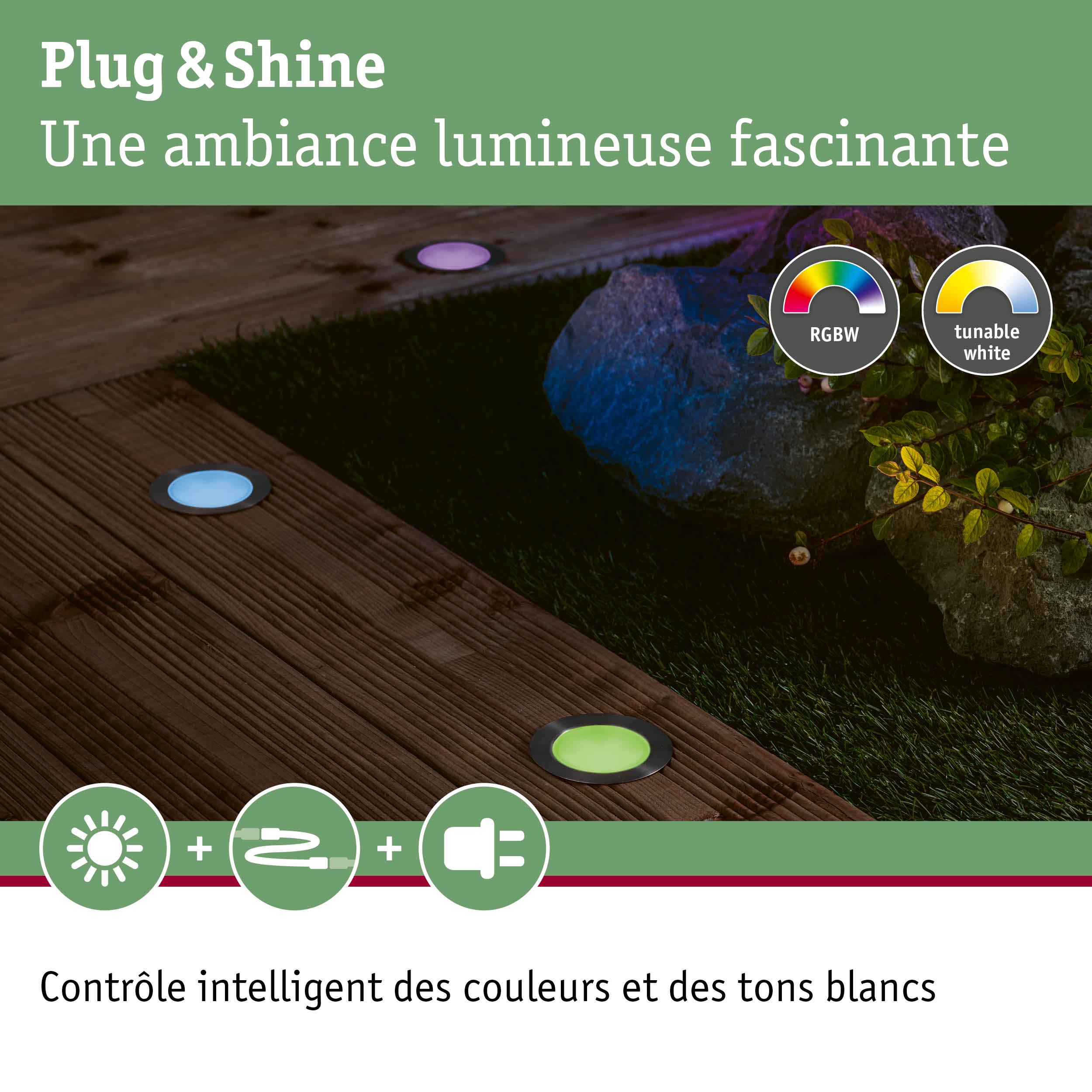 Luminaires encastrés RGBW sur terrasse en bois avec contrôle intelligent des couleurs et blanc réglable