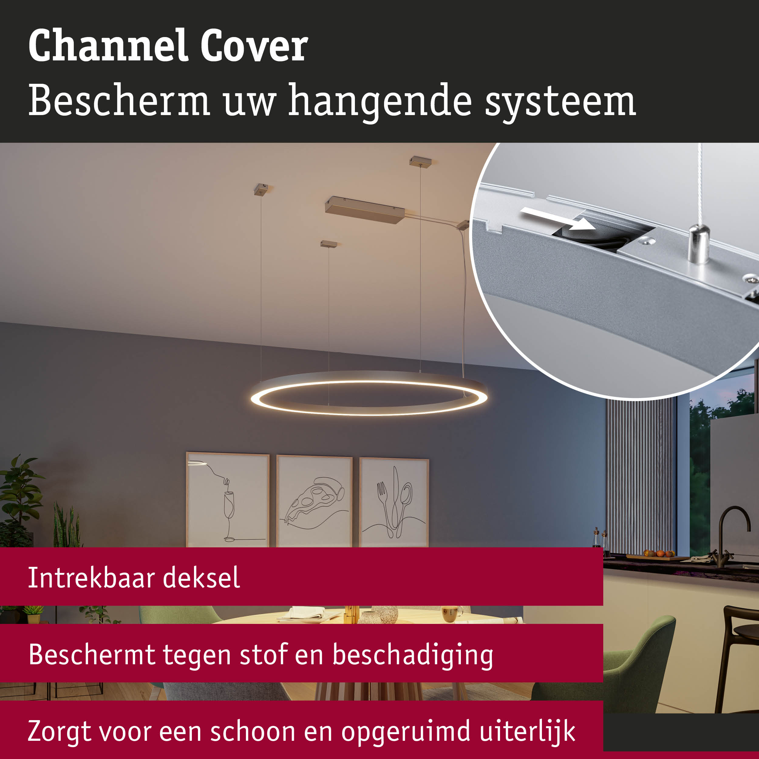 Moderne LED-ringhanglamp met zilveren aluminium channel cover ter bescherming tegen stof