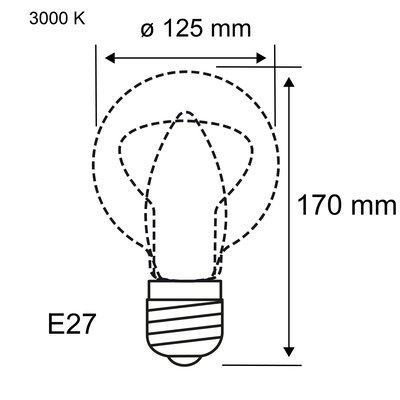 Technical drawing of an E27 LED bulb with 125 mm diameter and 170 mm length, 3000 K color temperature.