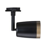 Black metal LED spotlight with gold trim for modern track lighting systems