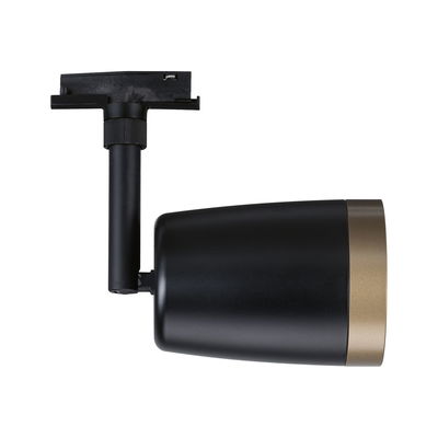 Black metal LED spotlight with gold trim for modern track lighting systems