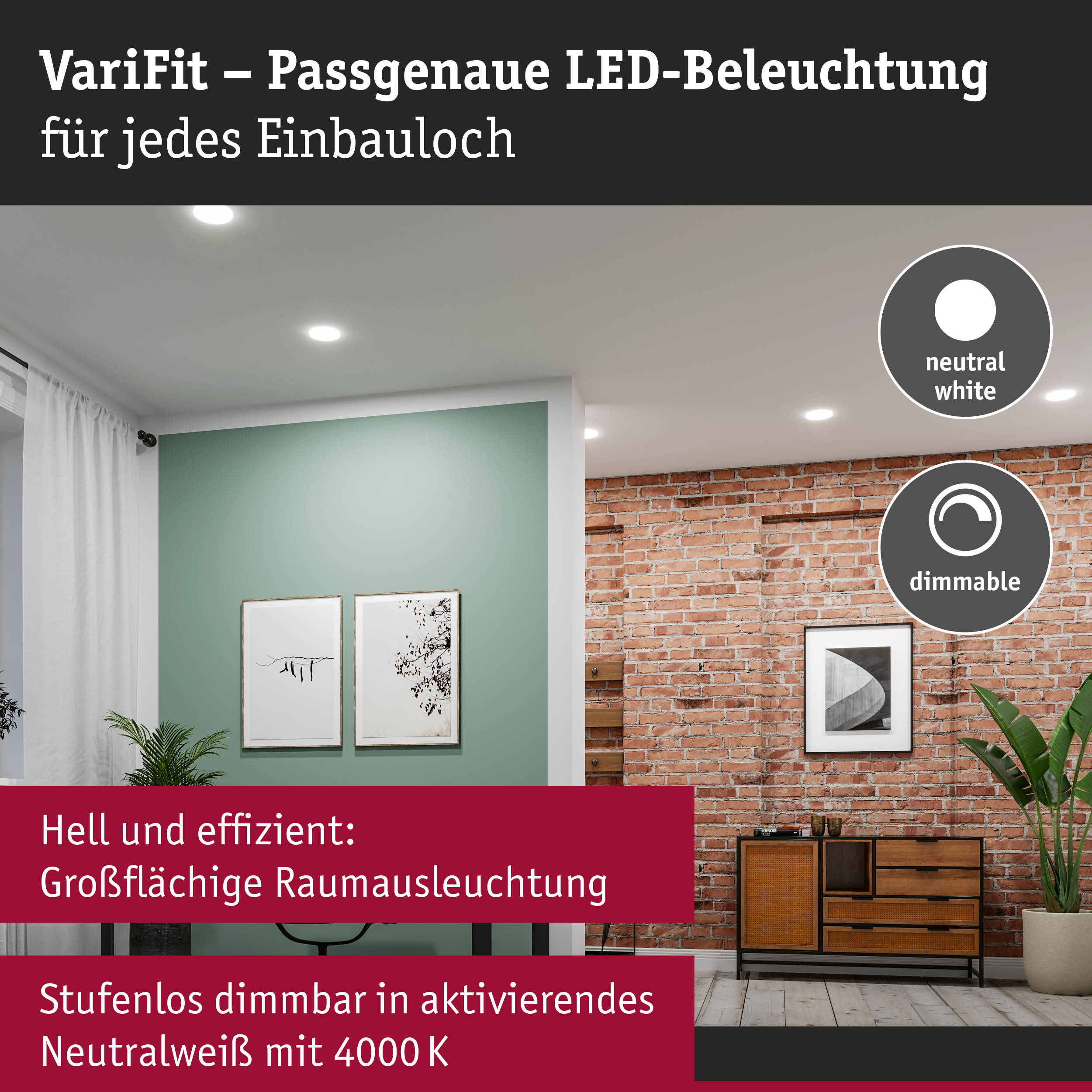 Wohnzimmer mit dimmbarer LED-Deckenbeleuchtung in neutralweiß, moderner Raum mit Backsteinwand