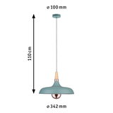 Blue metal pendant lamp with wood detail and copper socket, 110 cm length, 34 cm diameter