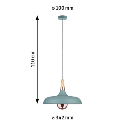 Blue metal pendant lamp with wood detail and copper socket, 110 cm length, 34 cm diameter