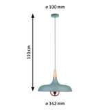 Blauwe metalen hanglamp met houten detail en koperen fitting, 110 cm lang, 34 cm diameter