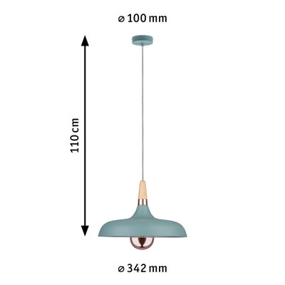 Blauwe metalen hanglamp met houten detail en koperen fitting, 110 cm lang, 34 cm diameter
