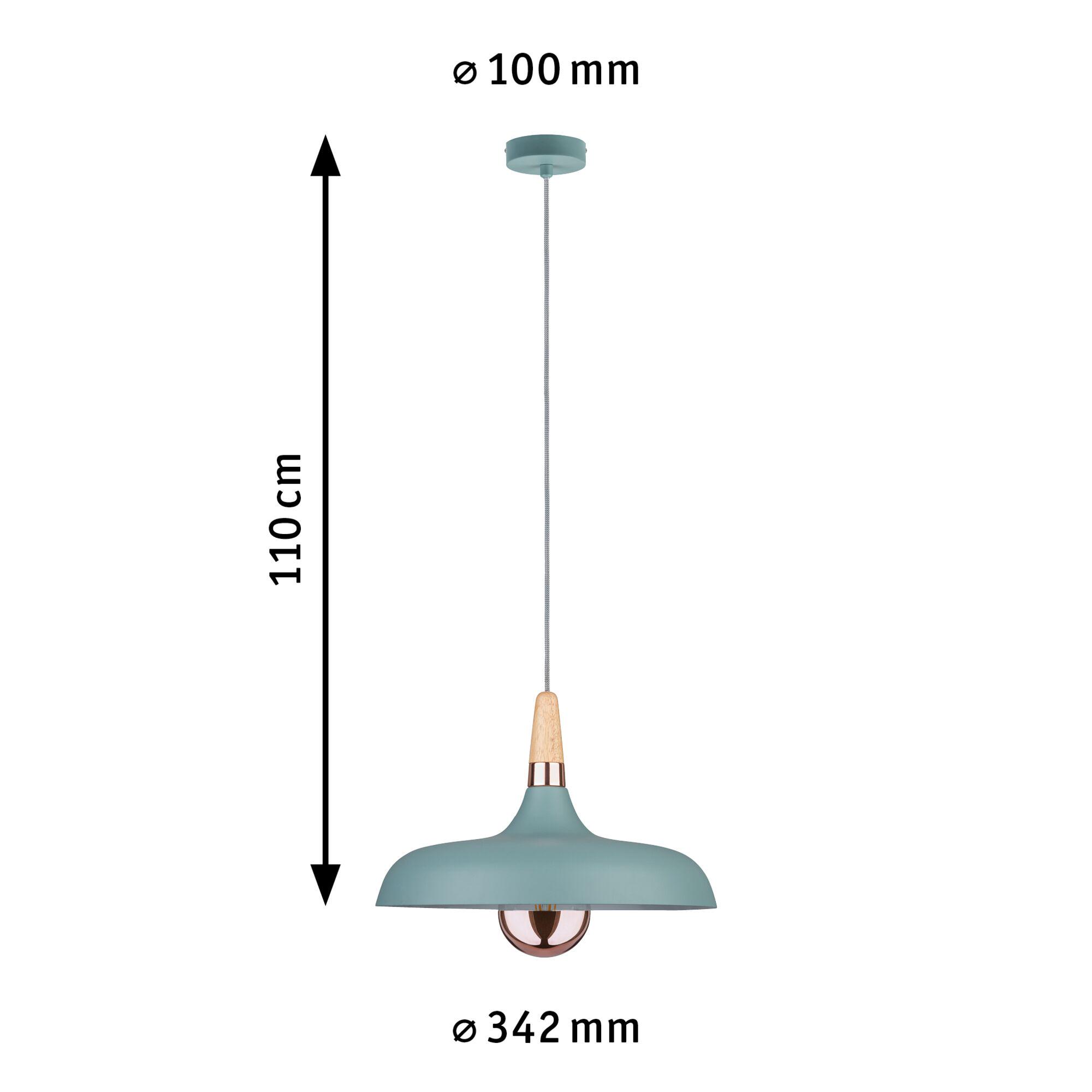 Lampa wisząca z metalu w kolorze niebieskim z drewnianym elementem i miedzianym uchwytem, długość 110 cm, średnica 34 cm
