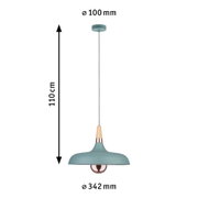 Lampa wisząca z metalu w kolorze niebieskim z drewnianym elementem i miedzianym uchwytem, długość 110 cm, średnica 34 cm