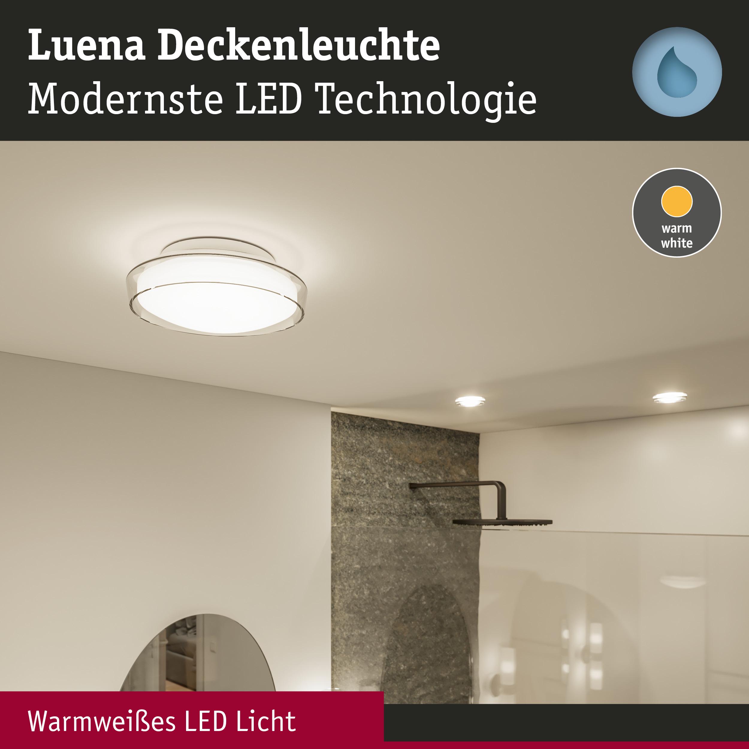 Luena Deckenleuchte mit modernster LED-Technologie und warmweißem Licht in weißem Bad mit Dusche
