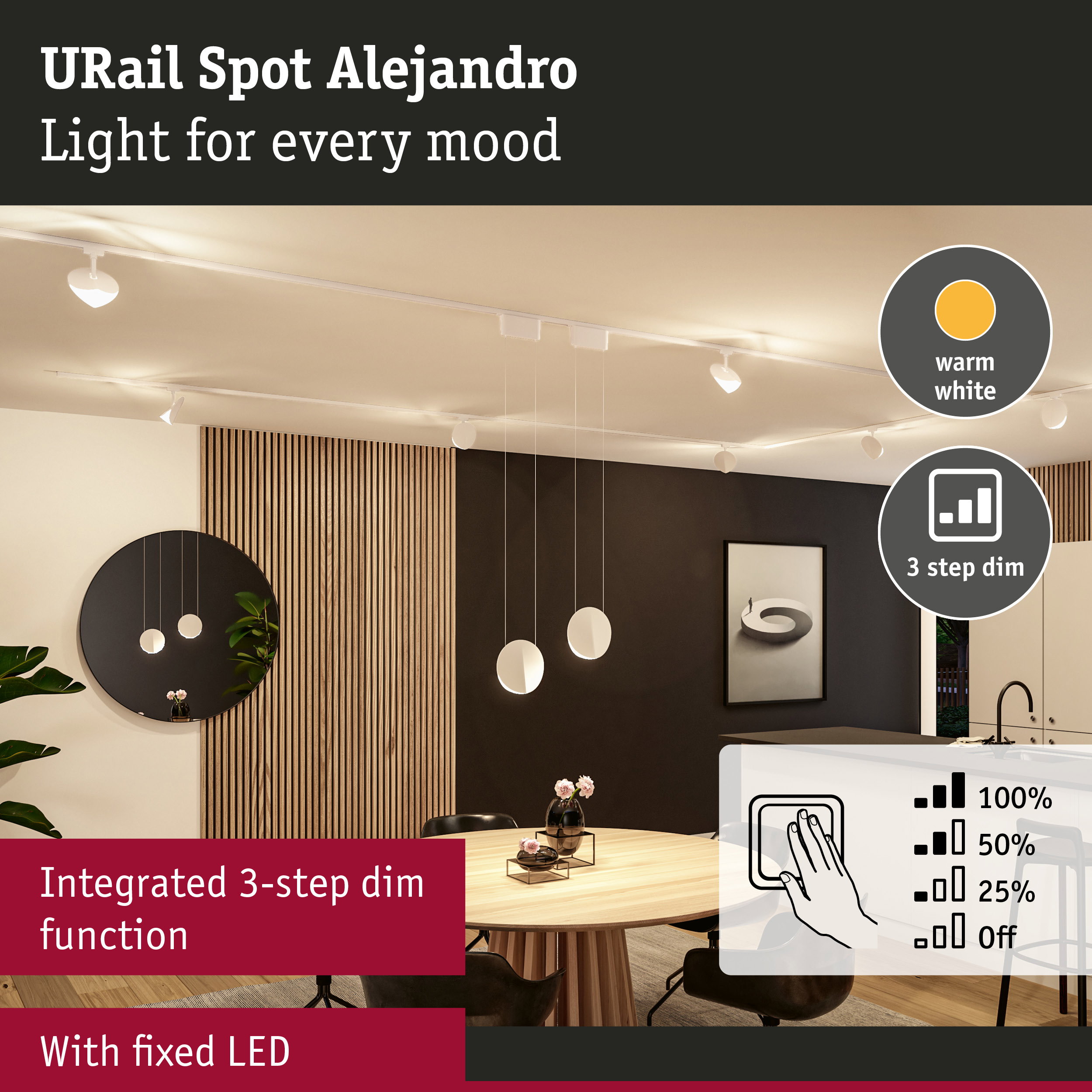 URail Spot Alejandro white LED ceiling light with integrated 3-step dim function for living spaces