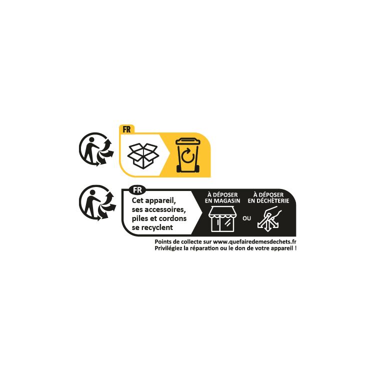 Symbole français de recyclage pour appareils, piles et cordons avec instructions de dépôt en magasin ou déchèterie.