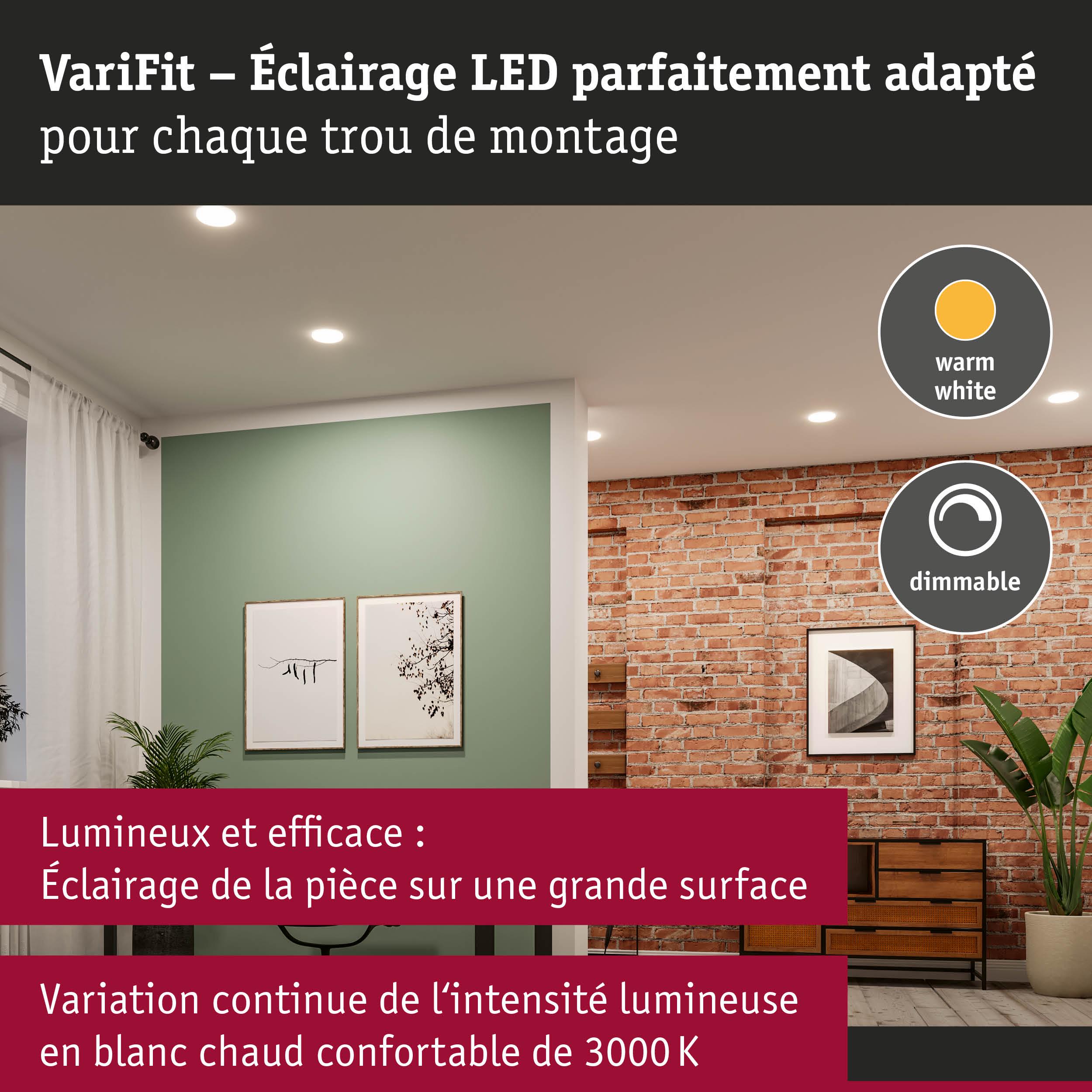 Éclairage LED encastré dimmable blanc chaud dans un salon moderne avec mur en briques